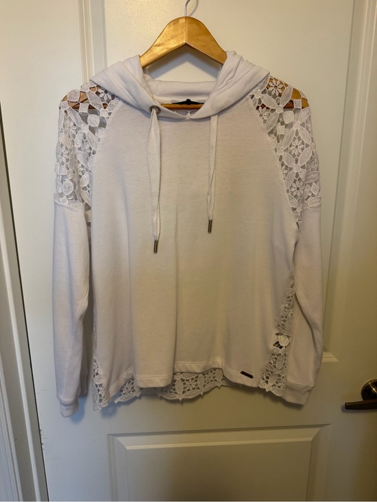 Donna Karan Tops - Donna Karan White Lace-Trim Hooded Sweatshirt